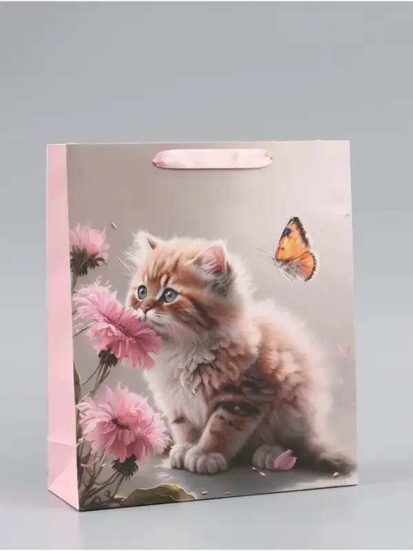 Пакет подарочный вертикальный &laquo;Котик и цветок&raquo;, 22&times;22&times;11 см