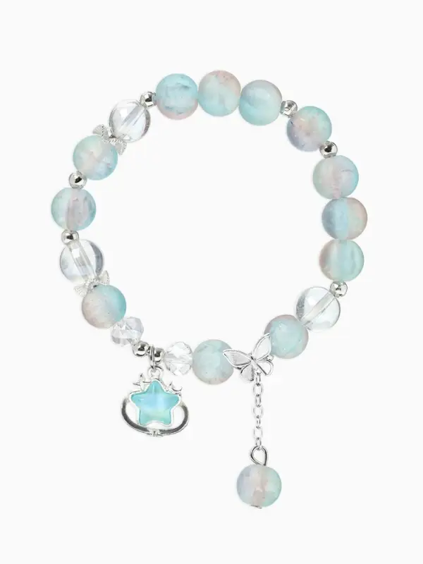 Браслет с подвесками &laquo;Сахарный. Звезда&raquo;, шар №10/8, d=6 см, розовый, голубой матовый в серебре