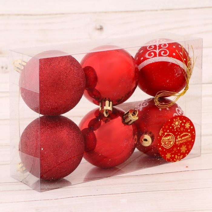Набор шаров пластик d-6 см, 6 шт Набор шаров пластик d-6 см, 6 шт "Ёлочка из завитков" красный