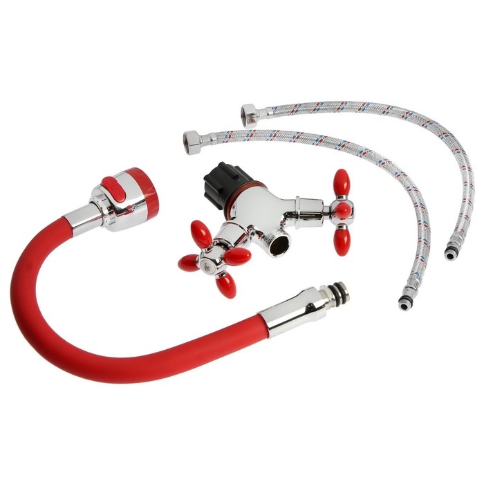 Смеситель для кухни ZEIN ZC2026, гибкий силикон излив, кран-букса латунь 1/2 Смеситель для кухни ZEIN ZC2026, гибкий силикон излив, кран-букса латунь 1/2", красный/хром