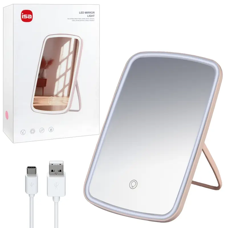Настольное зеркало для макияжа с подсветкой ML-07 ISA розовое (40 шт/кор)