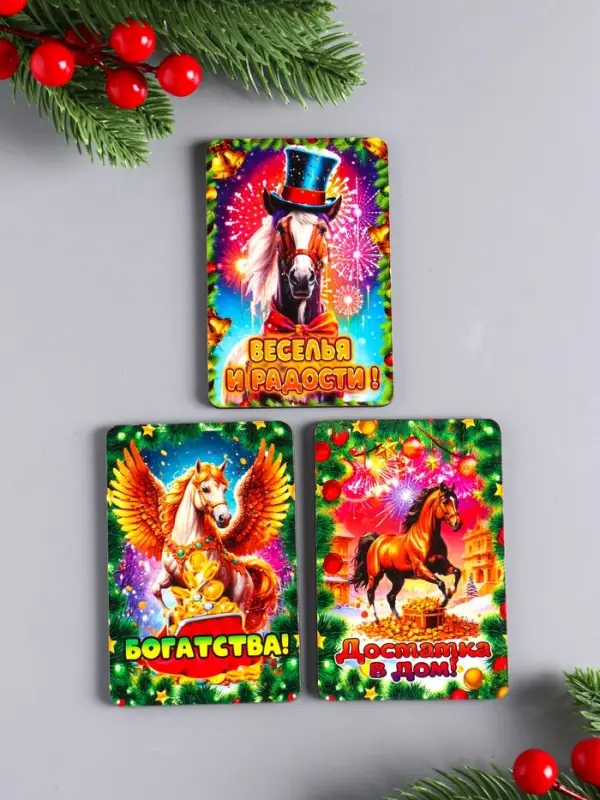 Набор новогодних магнитов 3 шт "Достатка в дом, богатства, веселья и радости"