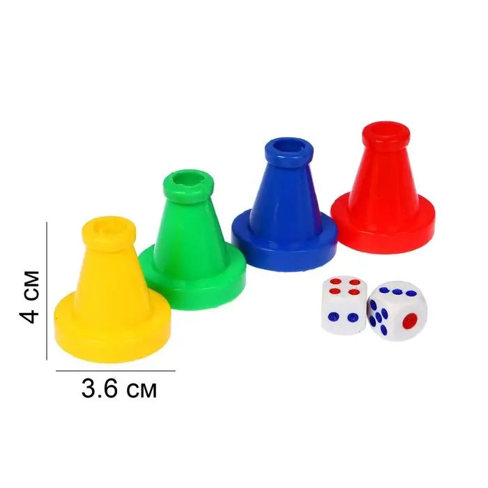 Фишки для настольных игр, набор 4 шт., фишка 4×3.6 см, кубики игральные 2 шт. 1.5×1.5 см Фишки для настольных игр, набор 4 шт., фишка 4×3.6 см, кубики игральные 2 шт. 1.5×1.5 см