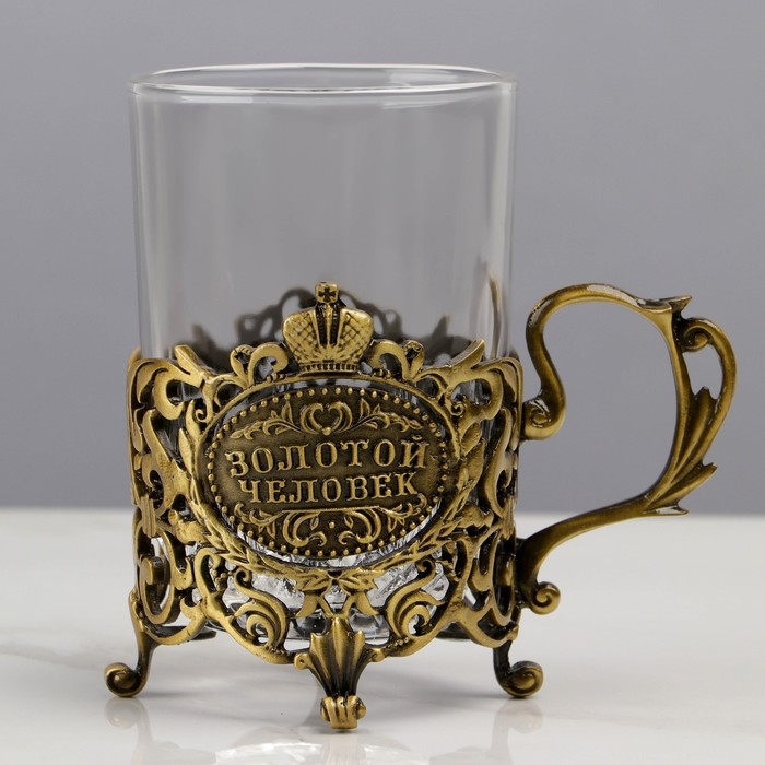 Подстаканник со стаканом  Подстаканник со стаканом "Золотой человек", 12,5 х 12,5 х 13 см