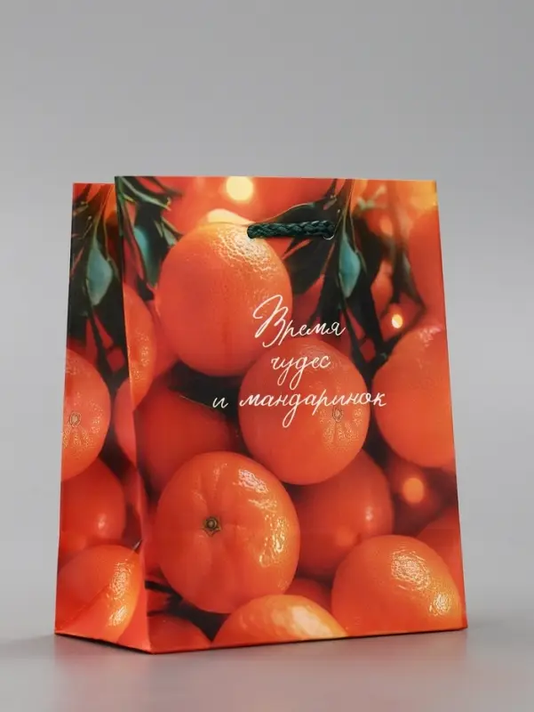 Пакет подарочный новогодний ламинированный, «Новогодние мандарины» , 11.5×6.5×14.5 см