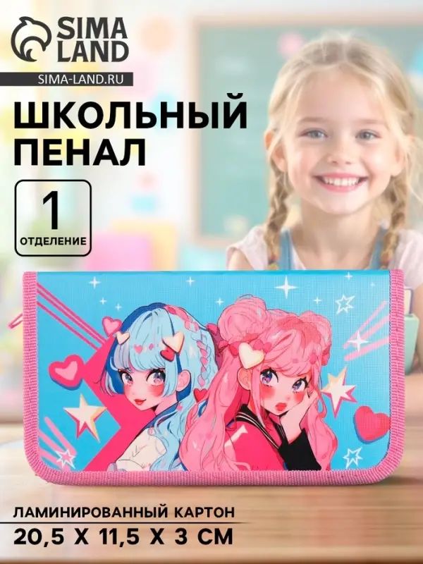Пенал школьный, 1 секция, 11.5&times;20.5&times;3 см &laquo;Аниме подружки&raquo;