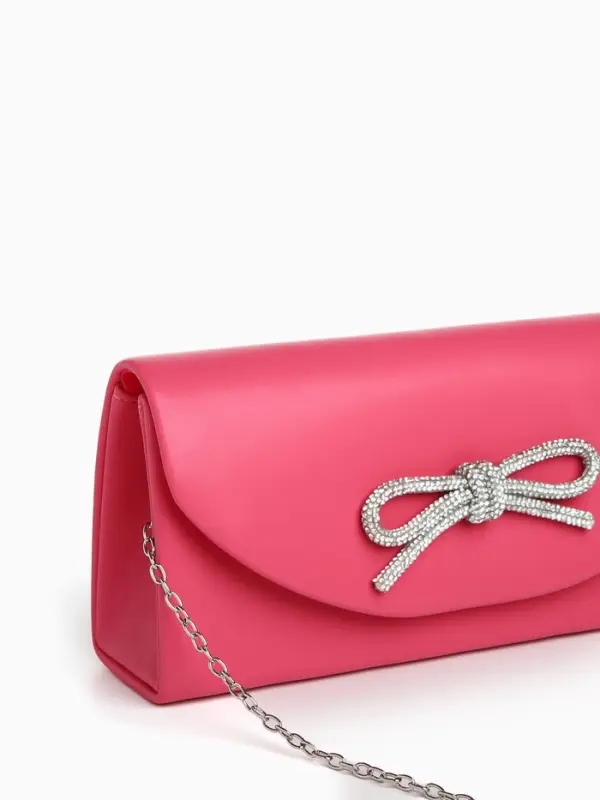 Сумка-клатч женская вечерняя на магните, на длинной цепочке, с декоративным бантом, розовая