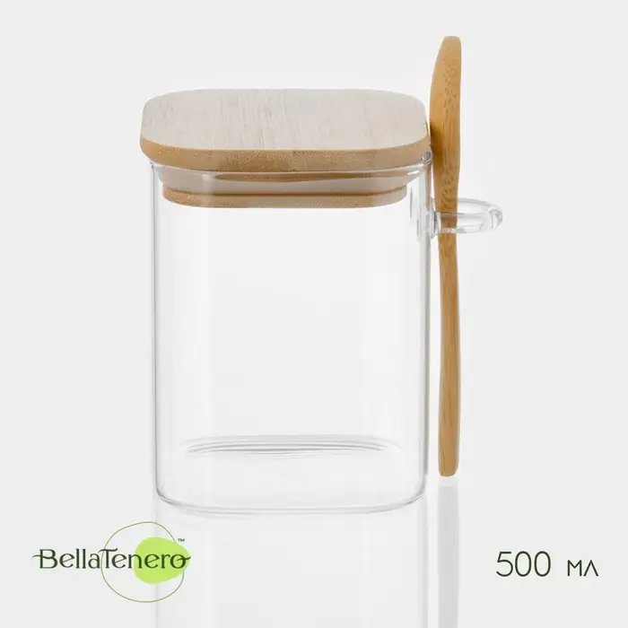 Банка для сыпучих BellaTenero &laquo;Эко&raquo;, 500 мл, 10.5&times;8.2&times;10.5 см, с бамбуковой крышкой и ложкой, стекло, прозрачная