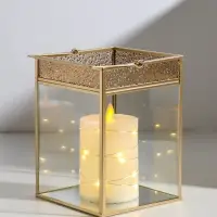 Подсвечник стекло, металл "Капли сверху" золотой 13,5х13,5х19 см