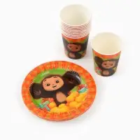 Посуда одноразовая бумажная для праздника, на 10 персон, стакан, тарелка, скатерть, Чебурашка