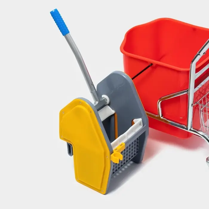 Тележка уборочная одноведерная с вертикальным отжимом и сеткой, красное ведро 25 л, хромированная рама
