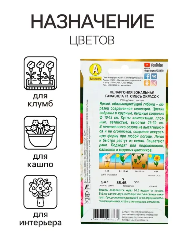 Семена комнатных цветов Пеларгония &laquo;Рафаэлла&raquo;, &laquo;АЭЛИТА&raquo;, F1, 5 шт.