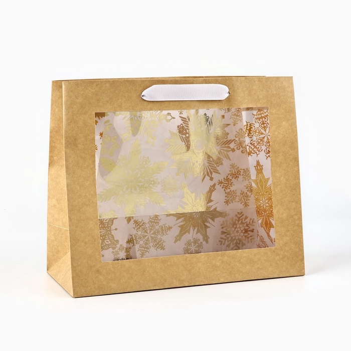 Пакет подарочный новогодний крафтовый с пластиковым окном «Gold», 24 х 20 х 11см Пакет подарочный новогодний крафтовый с пластиковым окном «Gold», 24 х 20 х 11см