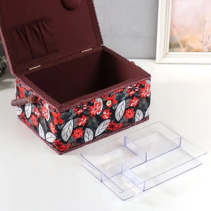 Шкатулка для рукоделия и шитья &laquo;Пуансеттия на чёрном&raquo;, хранение ниток, иголок, мелочи, 19&times;26&times;14.5 см