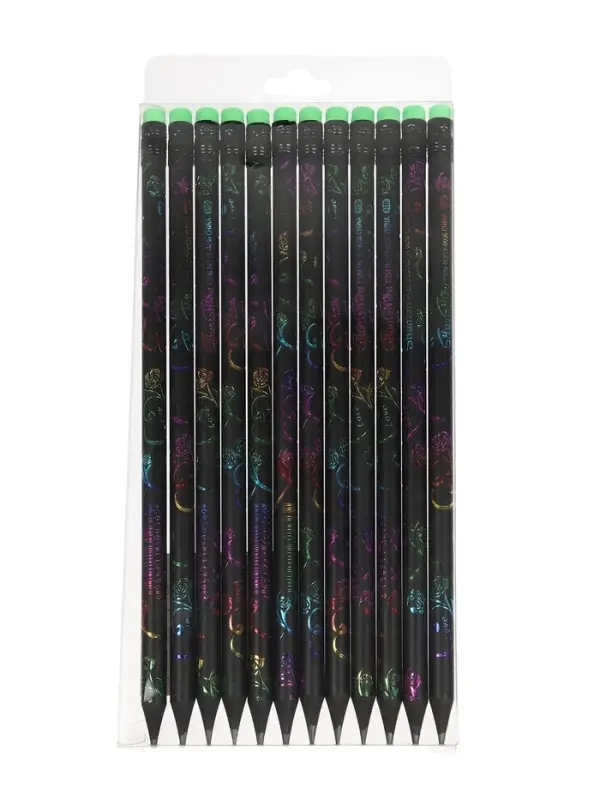 Карандаш чернографитный Calligrata, НВ, с ластиком, пластиковый, чёрный корпус с цветным узором