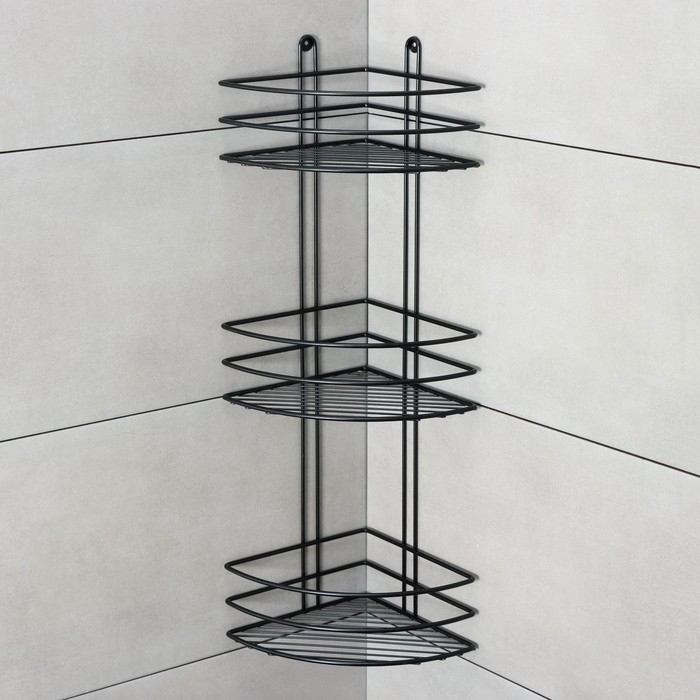 Полка для ванной угловая 3-х ярусная, 20×20×66 см, цвет чёрный