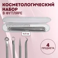 Косметологический набор, 4 предмета, в пластиковом футляре, 11.5 см, серебристый