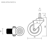 Колесо мебельное, d=75 мм, с футоркой, красное