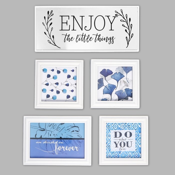 Фоторамка на 4 фото 10х10, 10х15 см+зеркало  Фоторамка на 4 фото 10х10, 10х15 см+зеркало "Наслаждайся мелочами" белая н-р 5 шт 26х44 см