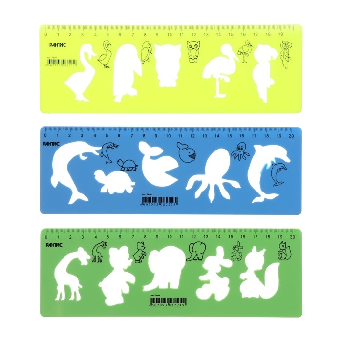 Набор трафаретов животные 3 штуки, Calligrata, + линейка 20 см, МИКС Набор трафаретов животные 3 штуки, Calligrata, + линейка 20 см, МИКС