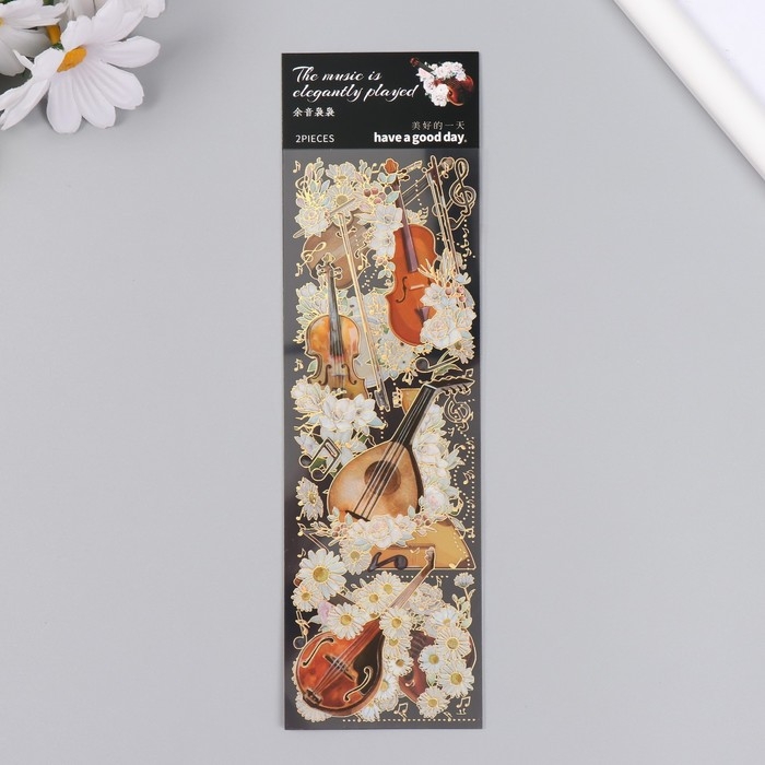 Наклейки для творчества Наклейки для творчества "Струнные инструменты и белые цветы" набор 2 листа 17,5х6 см