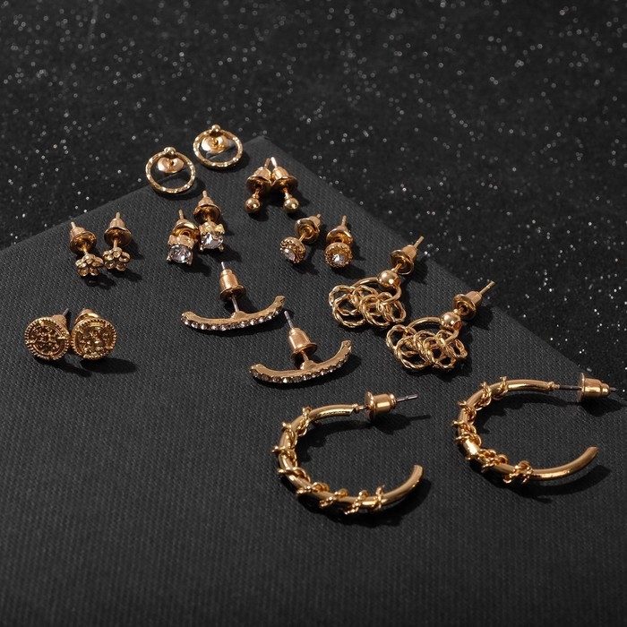 Серьги набор 9 пар «Конго», цвет белый в золоте Серьги набор 9 пар «Конго», цвет белый в золоте