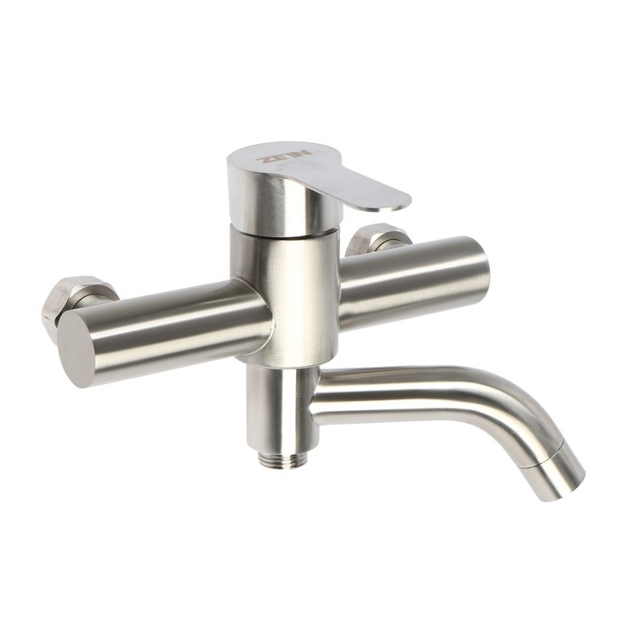 Смеситель для ванны ZEIN Z3489, изогнутый излив, душевой набор, нержавеющая сталь, сатин Смеситель для ванны ZEIN Z3489, изогнутый излив, душевой набор, нержавеющая сталь, сатин