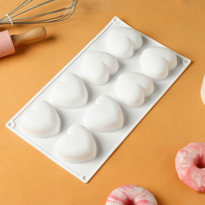 Форма для муссовых десертов и выпечки KONFINETTA «Сердца», 30×17,5×3 см, 8 ячеек (6,2×6 см), цвет белый Форма для муссовых десертов и выпечки KONFINETTA «Сердца», 30×17,5×3 см, 8 ячеек (6,2×6 см), цвет белый