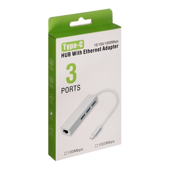 Type-C-разветвитель (HUB), 3 порта USB,порт ethernet, кабель 10 см, серебристый Type-C-разветвитель (HUB), 3 порта USB,порт ethernet, кабель 10 см, серебристый