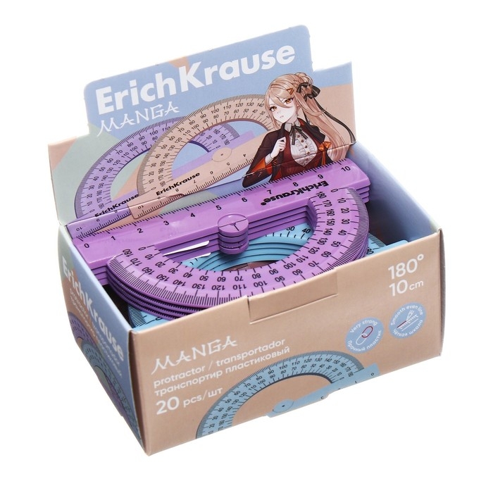 Транспортир 10 см 180°, ErichKrause Транспортир 10 см 180°, ErichKrause "Manga", пластик, непрозрачный, коробка-дисплей, МИКС