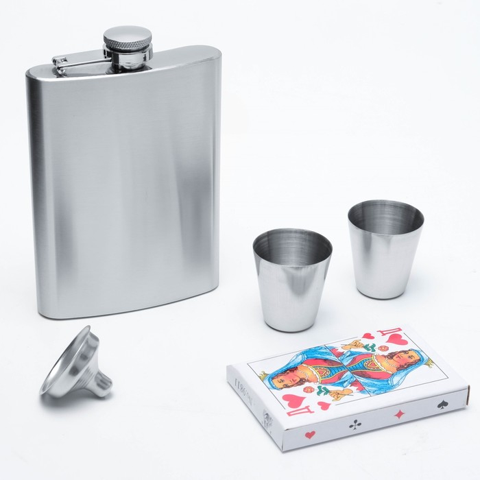 Подарочный набор 5 в 1: фляжка 240 мл, 2 рюмки, воронка, колода карт Подарочный набор 5 в 1: фляжка 240 мл, 2 рюмки, воронка, колода карт