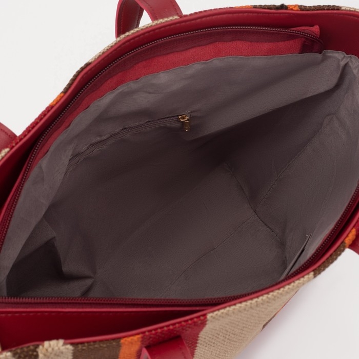 Сумка-шопер женская на молнии, цвет бежевый/коричневый/красный