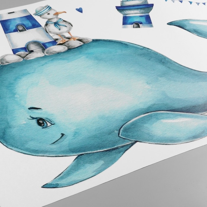 Наклейка пластик интерьерная цветная Наклейка пластик интерьерная цветная "Кит с маяком и чайкой" 40х60 см