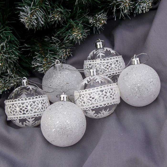 Набор шаров пластик d-6 см, 6 шт Набор шаров пластик d-6 см, 6 шт "Изморозь" кружева, белый
