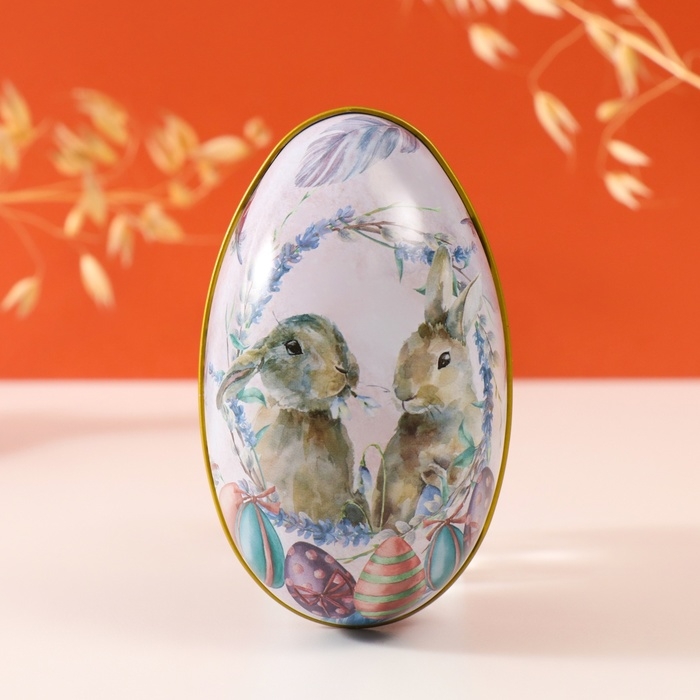 Шкатулка металл яйцо  Шкатулка металл яйцо "Два пасхальных зайчика" 7х6,5х11 см