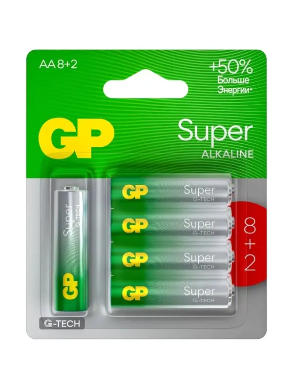 Батарейка алкалиновая GP Super, AA, LR6-10BL, 1.5 В, 8+2 шт.