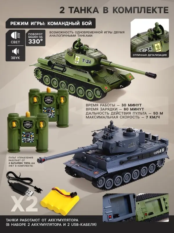 Танковый бой Т34 vs Tiger, на радиоуправлении, 2 танка, свет и звук