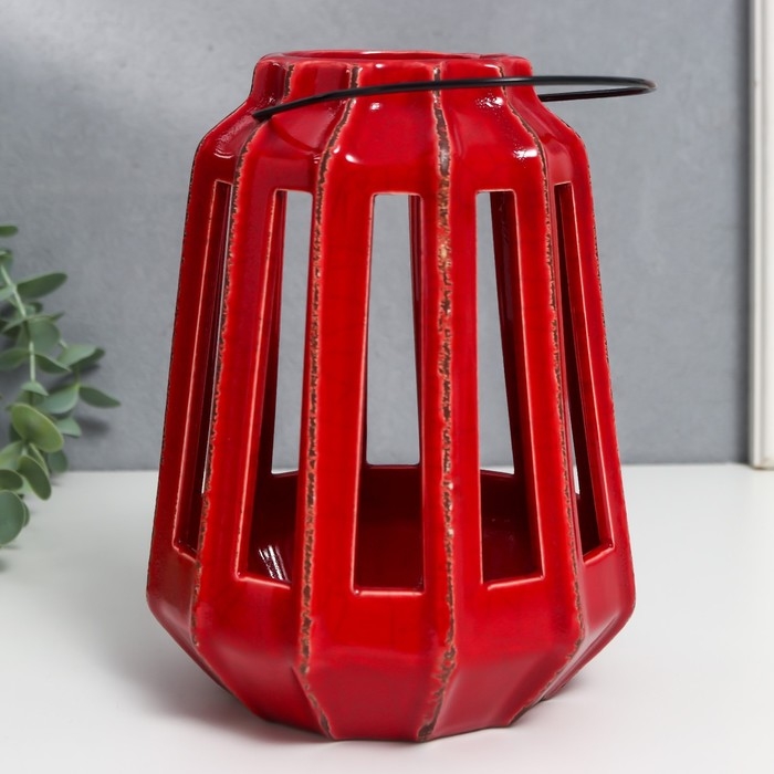 Подсвечник керамика на 1 свечу Подсвечник керамика на 1 свечу "Фонарь с вырезами" тёмно-красный 19х14х14 см