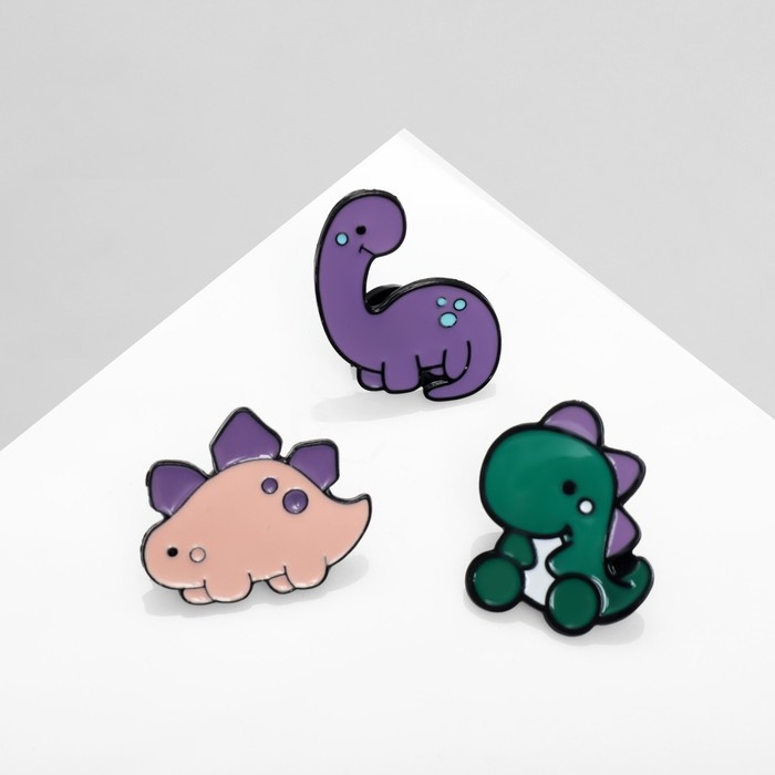 Набор значков (3 шт.) «Динозаврики», цветной в чёрном металле Набор значков (3 шт.) «Динозаврики», цветной в чёрном металле