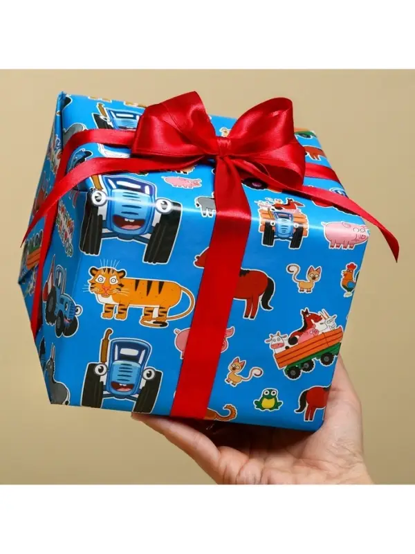 Бумага упаковочная глянцевая, Синий трактор, 70х100 см