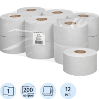 Бумага туалетная д/дисп 1сл белая втор втул 200м 12рул/уп_200W1