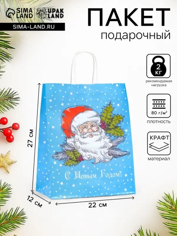 Пакет бумажный подарочный новогодний крафт &laquo;Дедушка мороз&raquo; 22&times;12&times;27 см