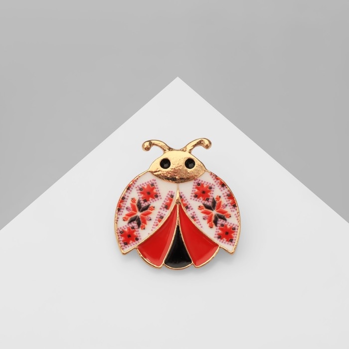 Брошь «Божья коровка» орнамент, цвет красный в золоте