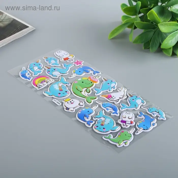 Наклейка пластик "Динозавры/Тюлени" выпуклая с золотой обводкой МИКС 28х11 см