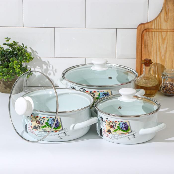 Набор кастрюль «Фиалка Монмарта», 3 предмета: 1,5 л, 2 л, 3 л, крышки, индукция Набор кастрюль «Фиалка Монмарта», 3 предмета: 1,5 л, 2 л, 3 л, крышки, индукция