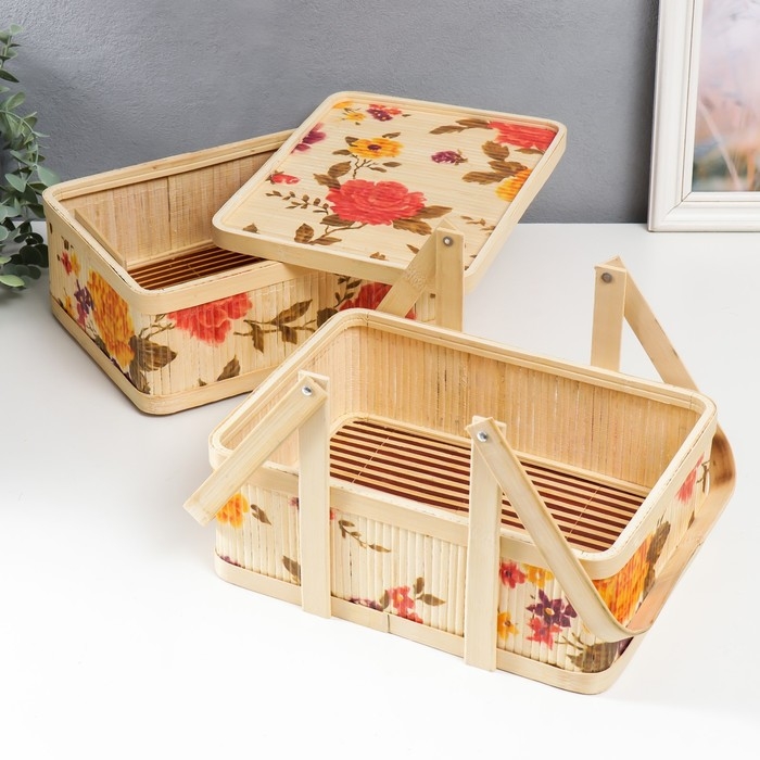Шкатулка бамбук 2в1 Шкатулка бамбук 2в1 "Сад с пионами" с ручками 21х20х27 см