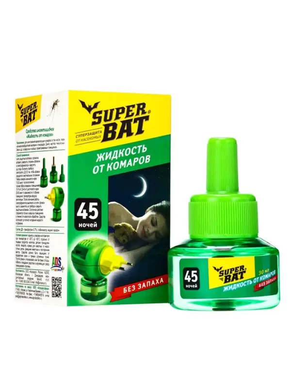 Дополнительный флакон-жидкость от комаров SuperBAT, без запаха, 45 ночей, 30 мл