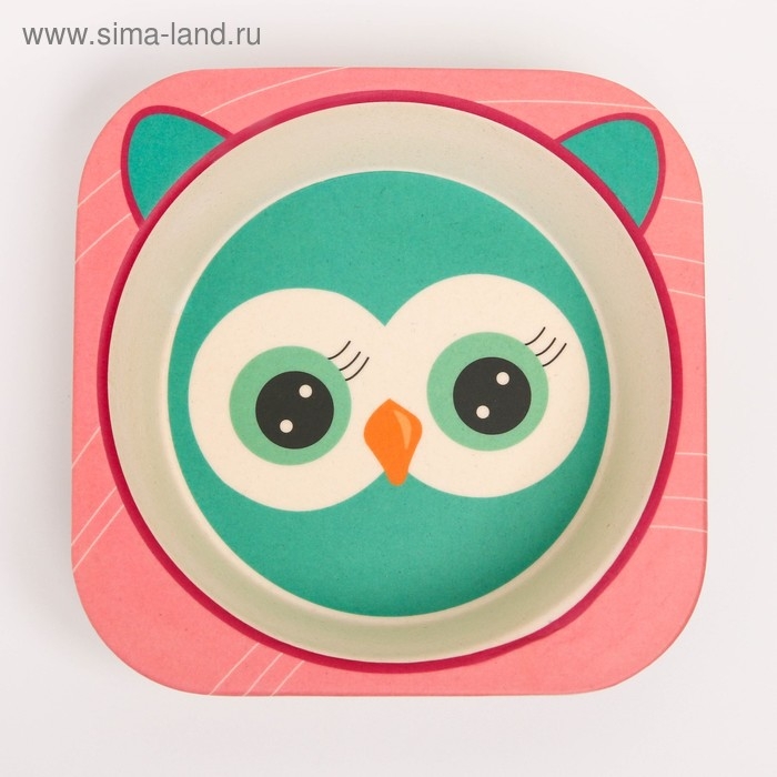 Набор детской бамбуковой посуды «Совушка», тарелка, миска, стакан, приборы, 5 предметов Набор детской бамбуковой посуды «Совушка», тарелка, миска, стакан, приборы, 5 предметов