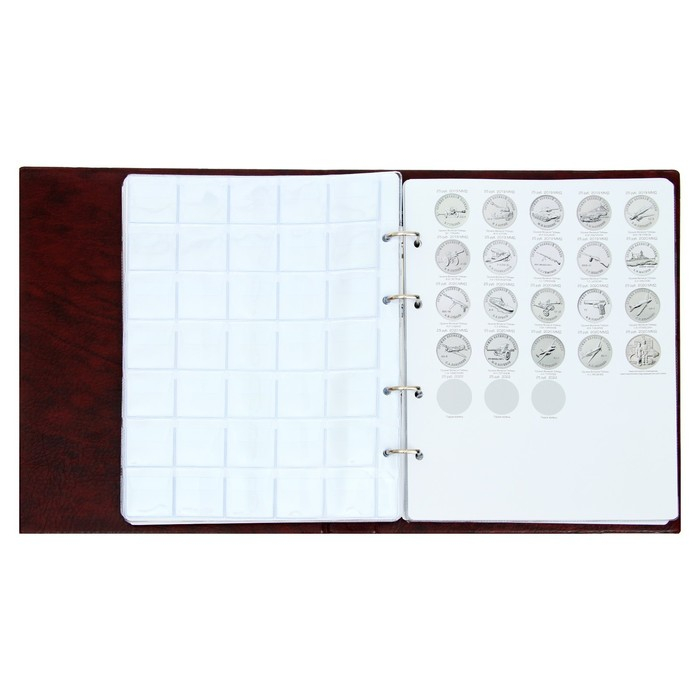 Альбом для монет на кольцах 225 х 265 мм, "Памятные монеты РФ", обложка искусственная кожа, 13 листов и 13 цветных картонных вставок, коричневый
