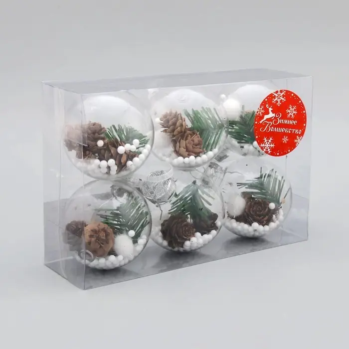 Ёлочные игрушки &laquo;Льдинка - шишки&raquo;, шары новогодние, d=6 см, набор 6 шт., прозрачный
